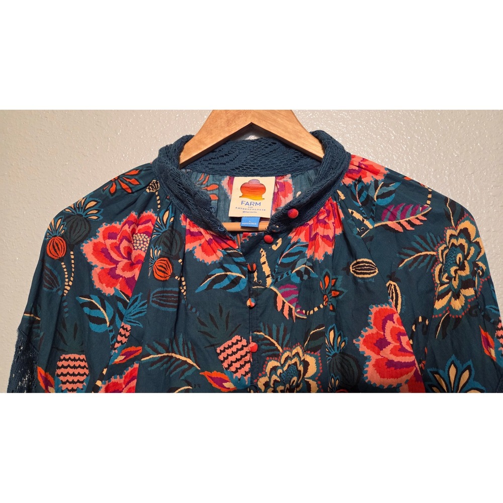 Farm Rio Anthropologie Floral Blouse Lrg Teal Lace Sleeve Boho Romantic Peasant - Picture 8 of 16